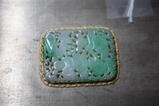 A Mario Buccellati brushed white metal rectangular casket and cover with inset pierced jadeite panel, 5.5in.